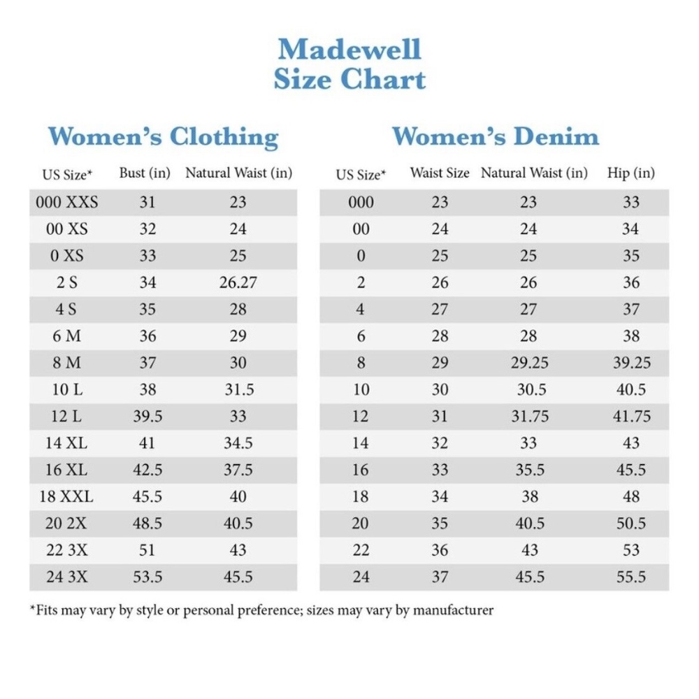 Madewell  Women size chart